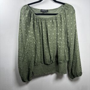 Harper 241 Women L Sage Green Boho Peasant Blouse Smocked Textured Cottagecore